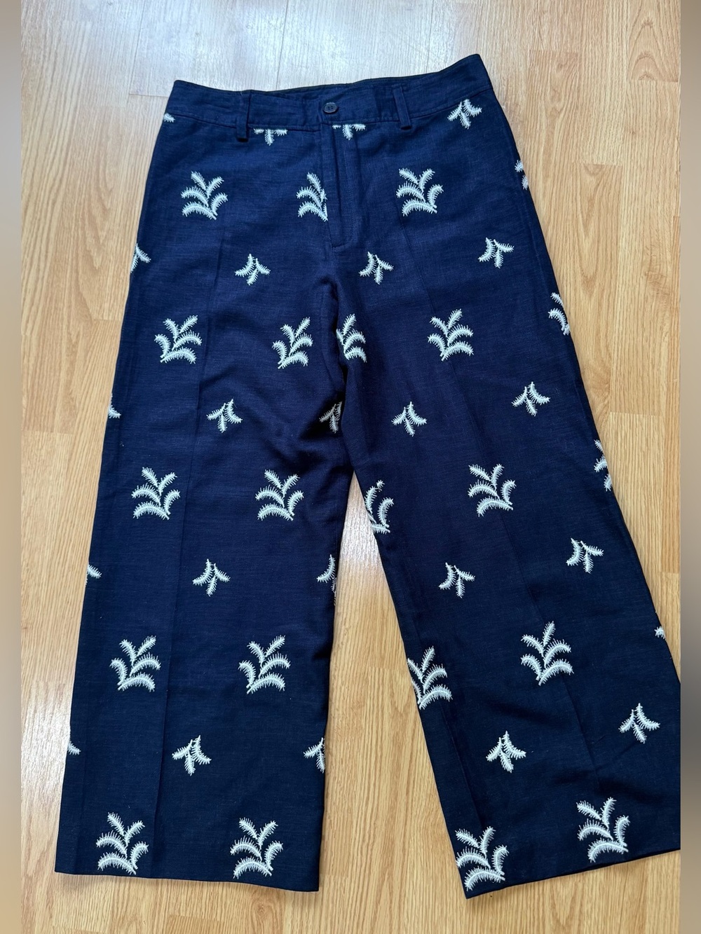 Elie Tahari Embroidered Linen Blend Wide Leg Pants Navy Size 12